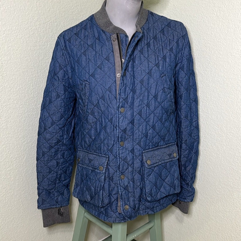 Navy Blue Quilted Bomber with Leather Trim